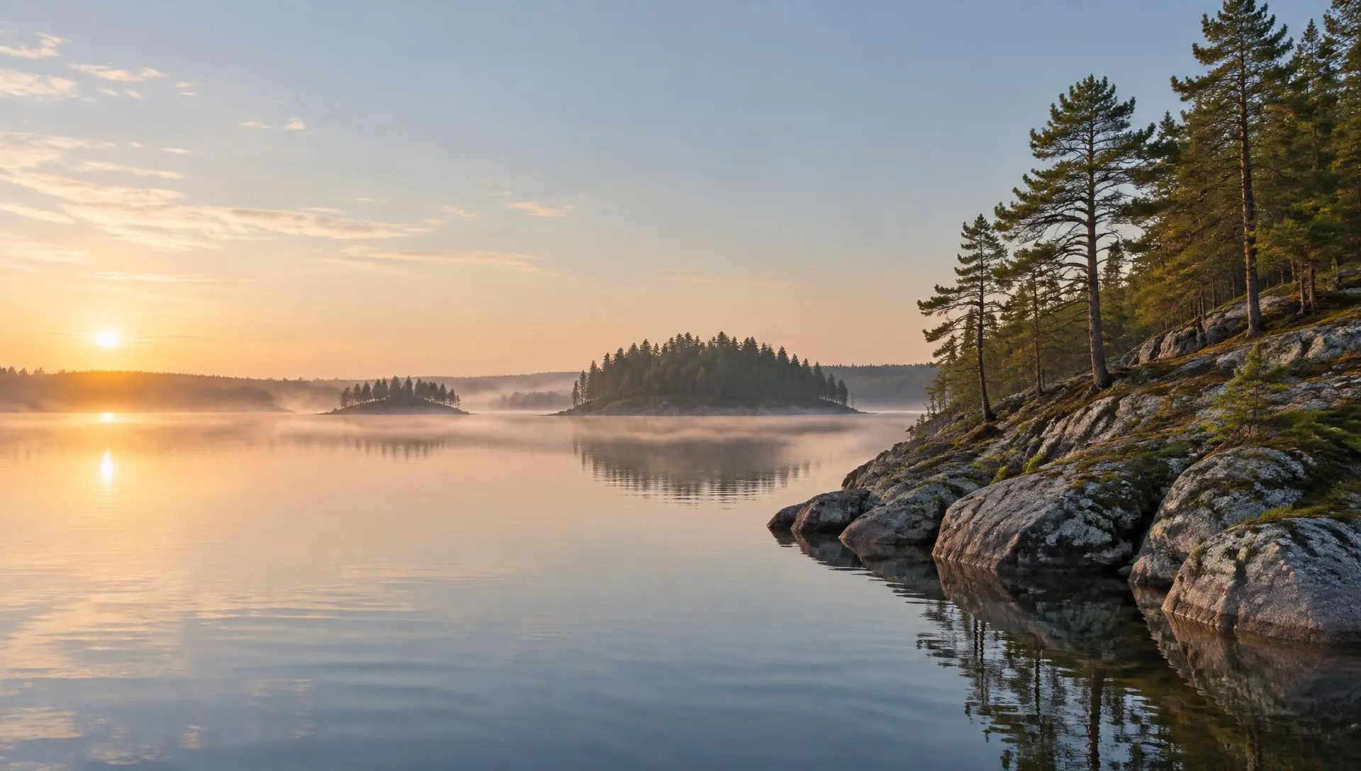 Stilla svensk sjö i morgonljus med tallar på en klippstrand (miljöbild)